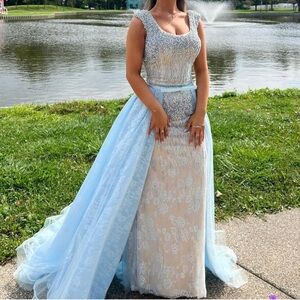 Baby blue pearl prom dress